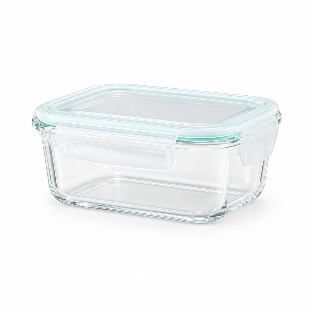 Clear glass rectangular storage container with a transparent lid and a pale mint green silicone seal, shown on a white background.