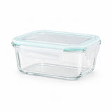 Clear glass rectangular storage container with a transparent lid and a pale mint green silicone seal, shown on a white background.