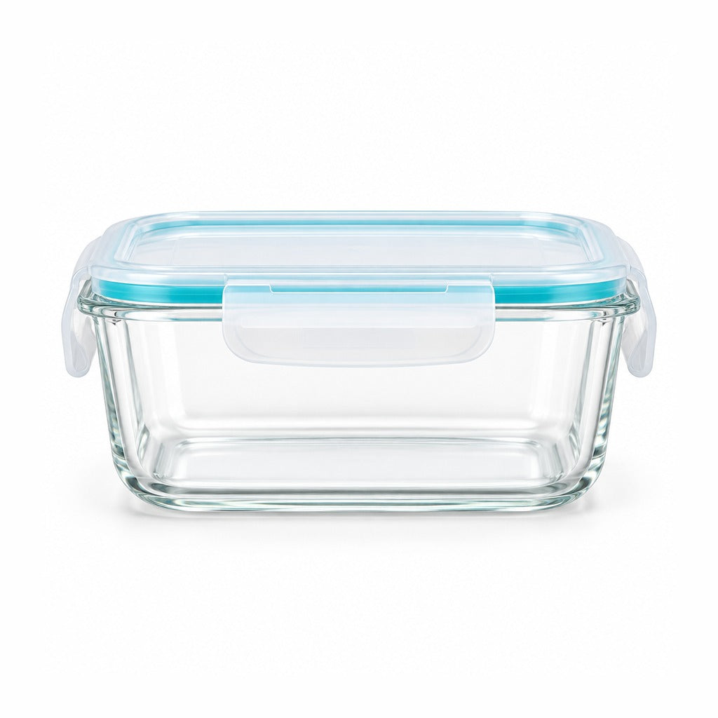 A rectangular clear glass storage container with a light blue silicone seal and a white latch on a clean white background.