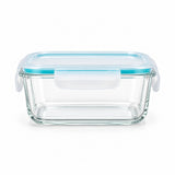 A rectangular clear glass storage container with a light blue silicone seal and a white latch on a clean white background.