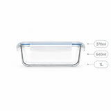 Clear glass rectangular storage container with a transparent lid and blue seal, shown on a white background with size callouts reading 370ml, 640ml, and 1L.