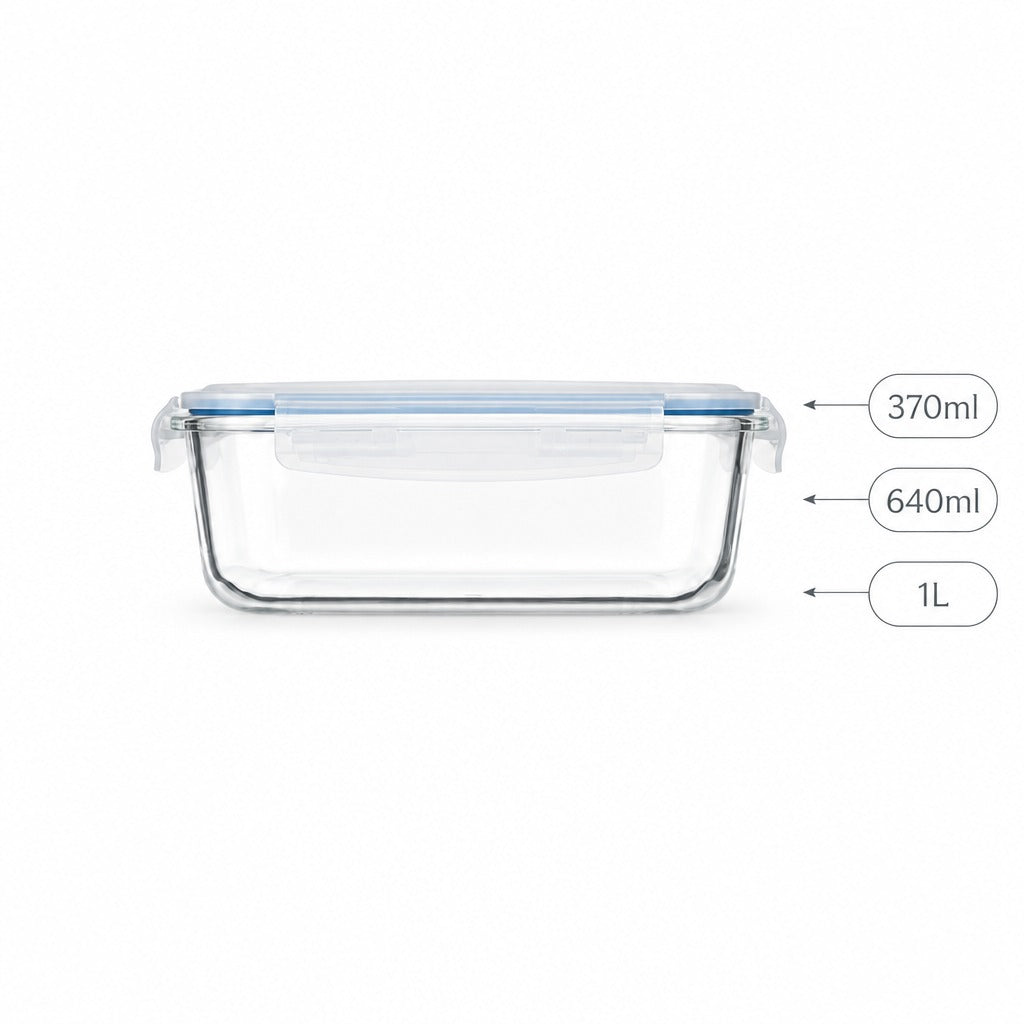 Clear glass rectangular storage container with a transparent lid and blue seal, shown on a white background with size callouts reading 370ml, 640ml, and 1L.