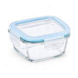 Clear glass food storage container with a light blue silicone lid and clear plastic latch, shown on a white background.