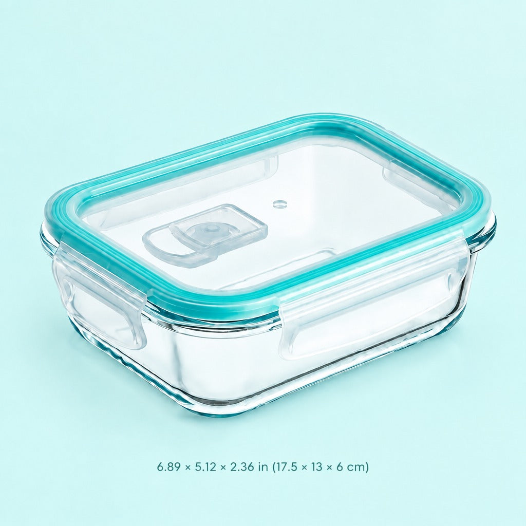 Clear glass rectangular storage container with a translucent teal lid and matching rim, shown on a light aqua background with size text below.