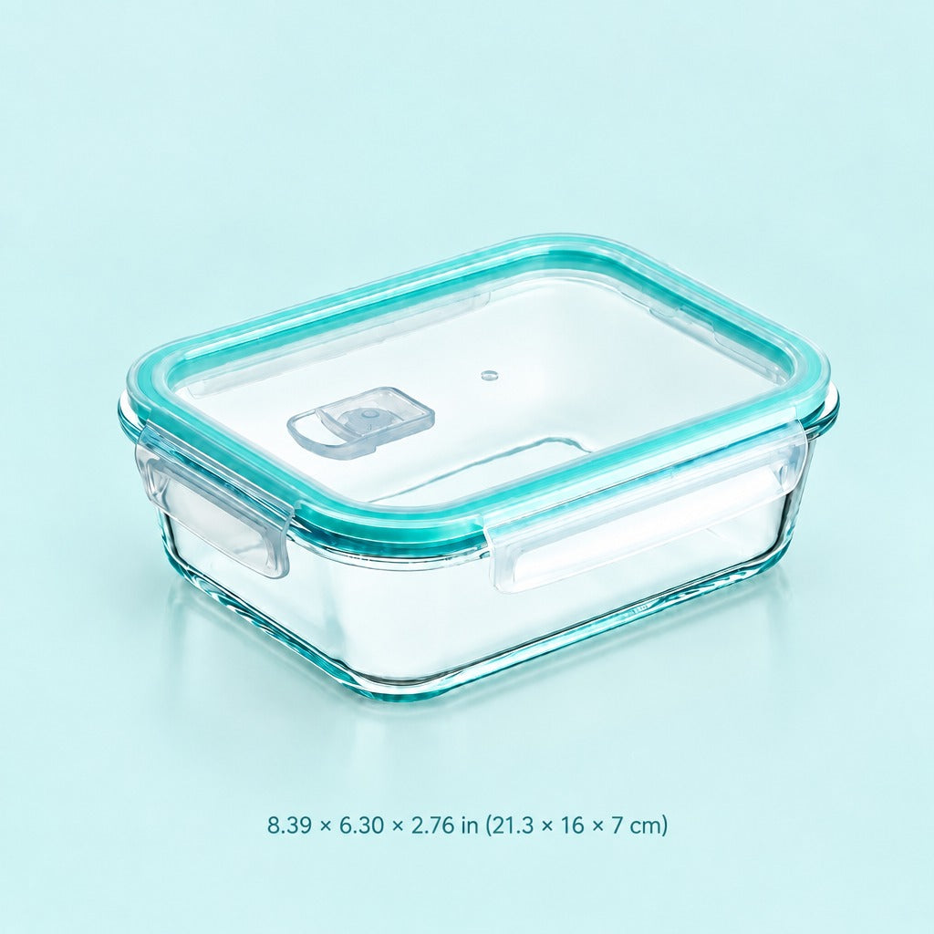 A rectangular clear glass storage container with a translucent aqua blue lid and matching rim, shown on a light blue background with size text below reading 8.39 x 6.
