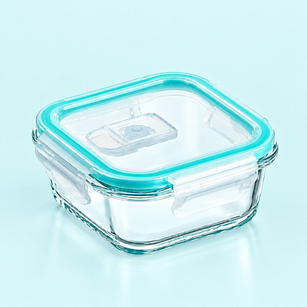 A square clear glass food storage container with a transparent lid and a bright aqua silicone seal, shown on a pale blue background.