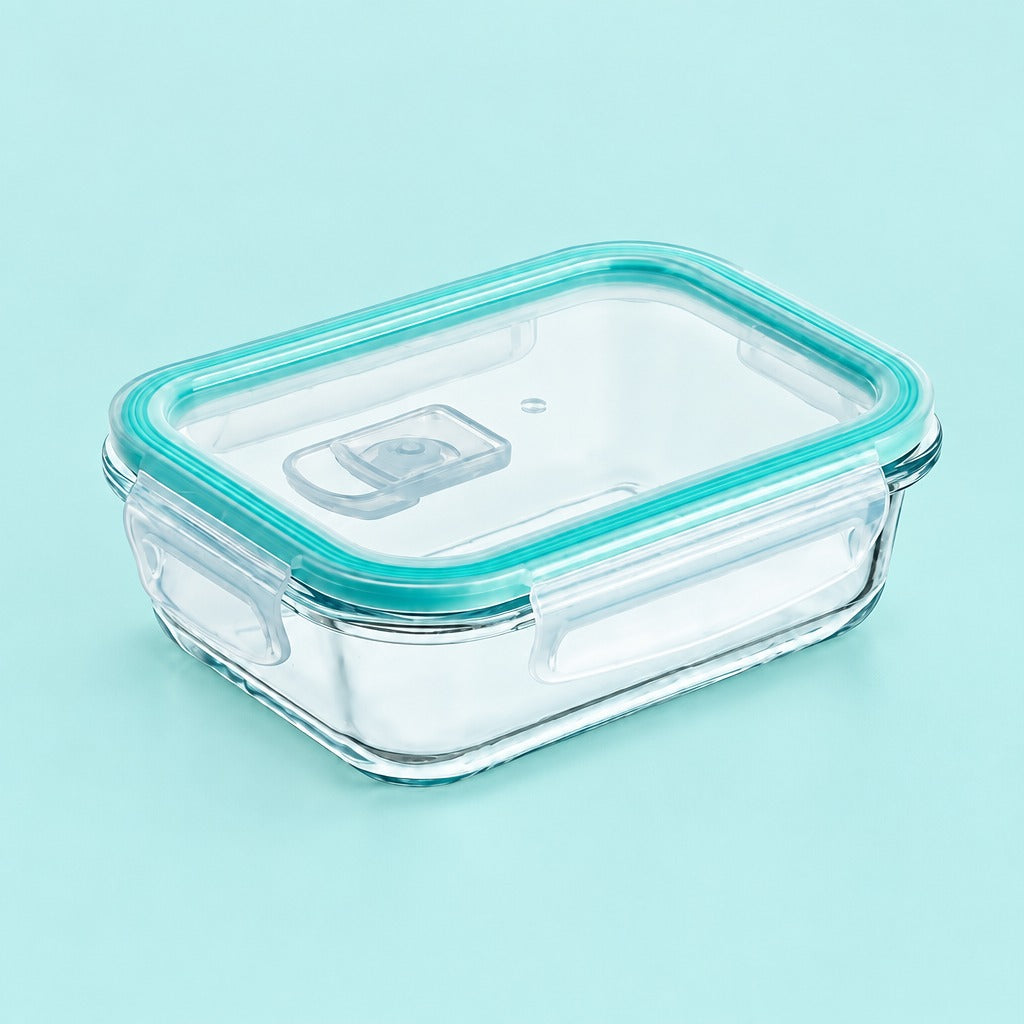 A rectangular clear glass food storage container with a transparent lid and a bright teal silicone seal, shown on a light aqua background.