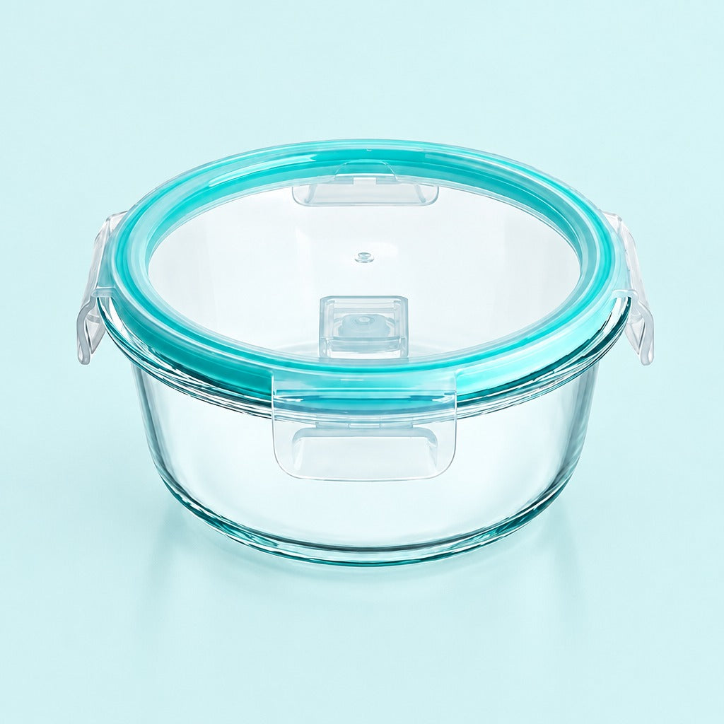 Clear glass storage container with a translucent aqua blue rim and matching clear plastic latch lid, shown on a light blue background.