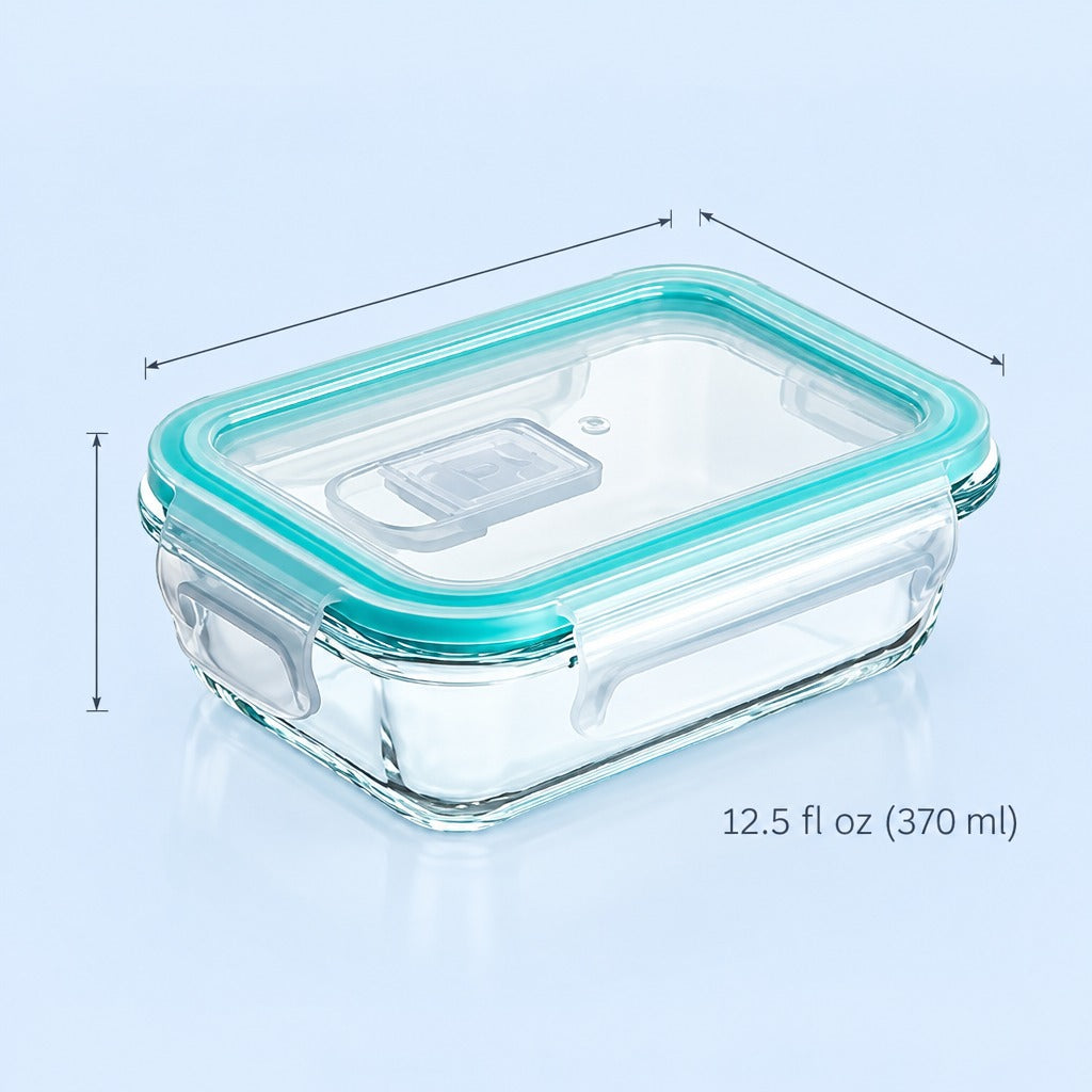 Clear glass food storage container with a translucent aqua seal and lid, shown on a light blue background with dimension arrows and text reading 12.5 fl oz (370 ml).