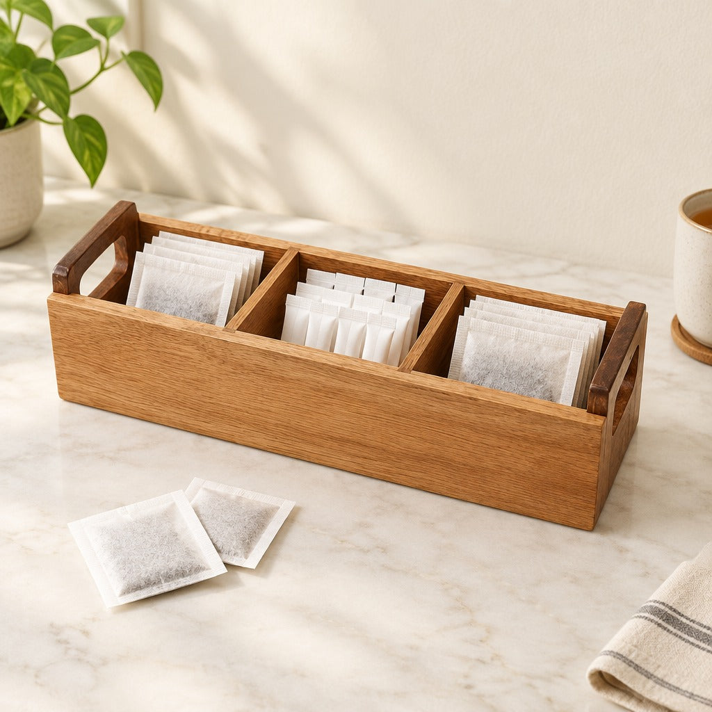 A wooden compartment organizer tray holding multiple reusable tea bags, placed on a light marble surface with a potted plant and cup in the background.
