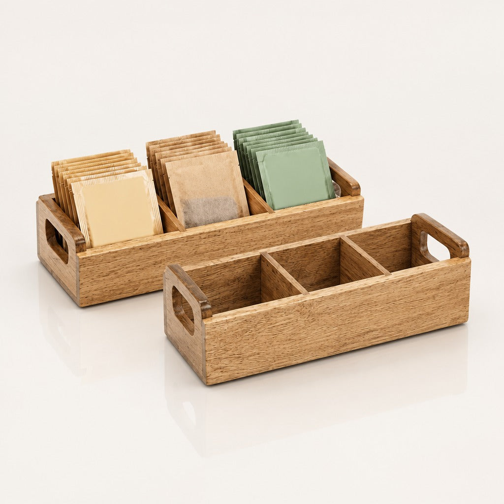 A rectangular wooden organizer tray with three compartments and integrated side handles, shown on a clean white background.