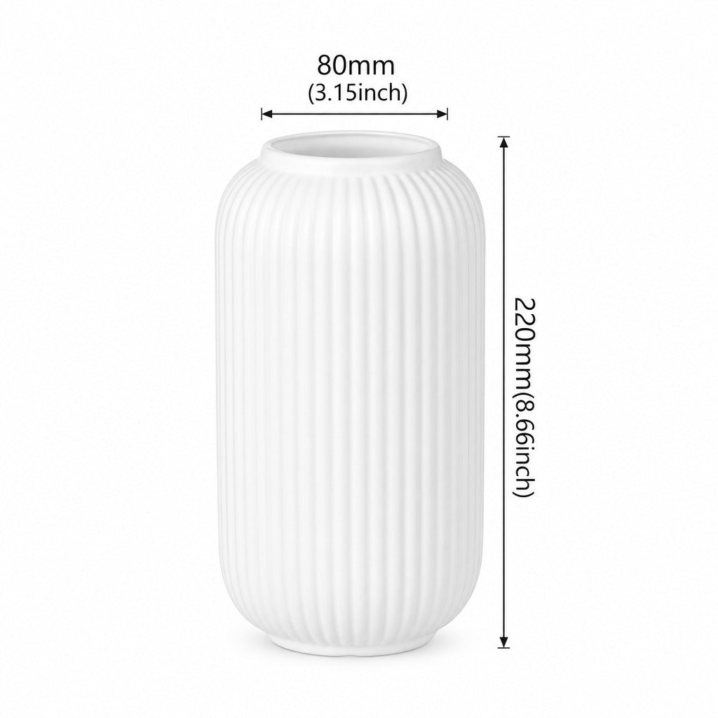 A white ribbed ceramic vase with dimension annotations showing a height of 220mm (8.66 inches) and a top diameter of 80mm (3.