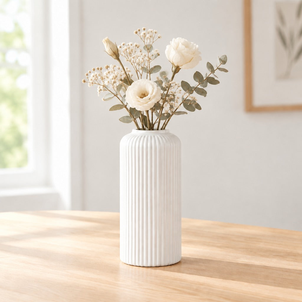 A white ribbed ceramic vase filled with dried white flowers and green eucalyptus stems, placed on a light wood table in a softly lit room.