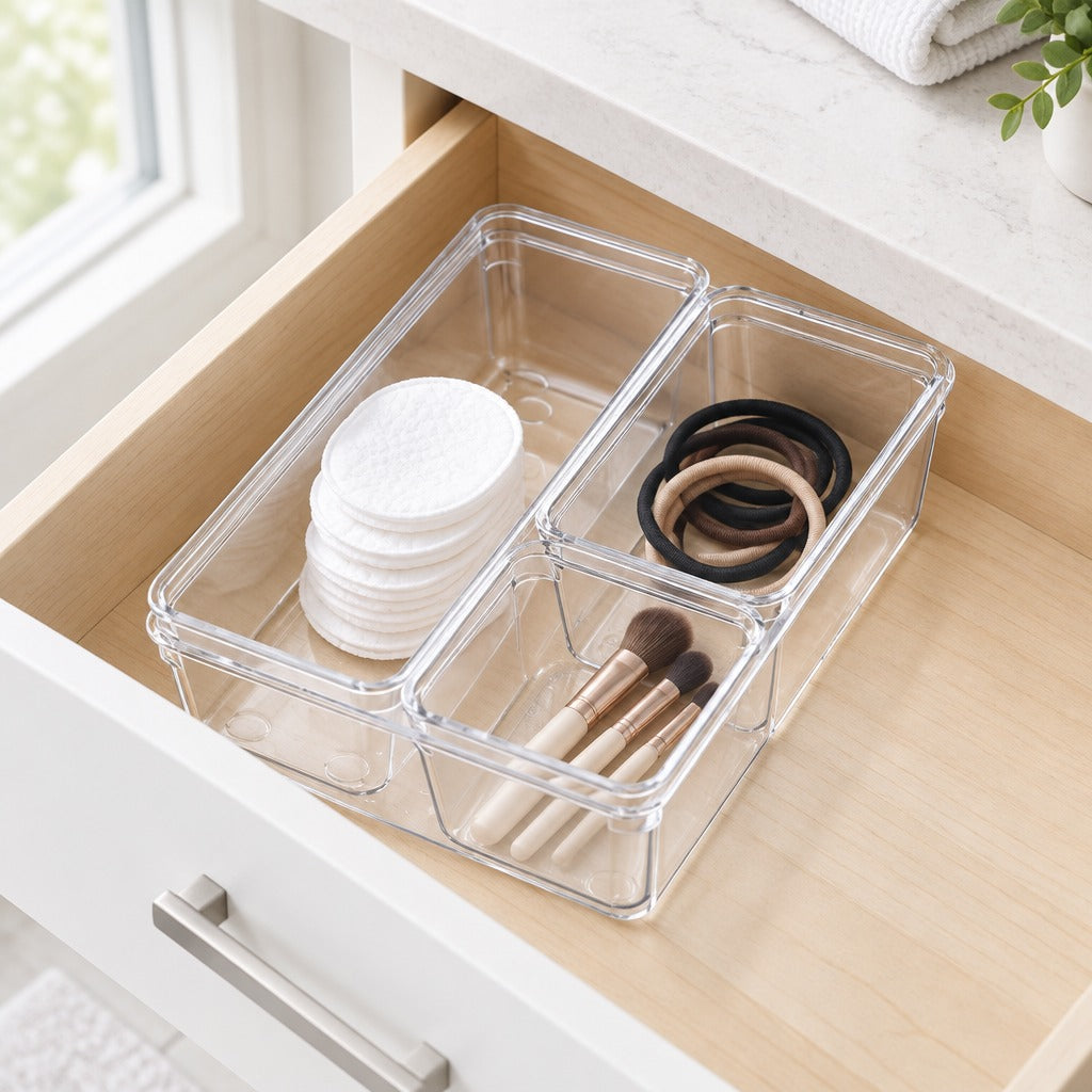 Clear plastic drawer organizer bins arranged inside an open wooden drawer, holding cotton pads, makeup brushes, and hair ties.