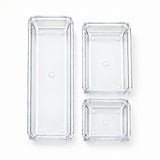Three clear rectangular glass containers of different sizes arranged on a white background.