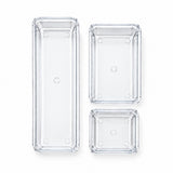 Three clear rectangular plastic storage containers in different sizes, arranged vertically on a plain white background.