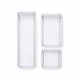 Three clear plastic rectangular storage containers in different sizes, arranged vertically on a plain white background.