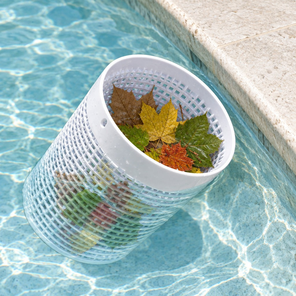 A white cylindrical pool skimmer basket floating in a swimming pool, filled with autumn leaves, with the pool deck and blue water visible.