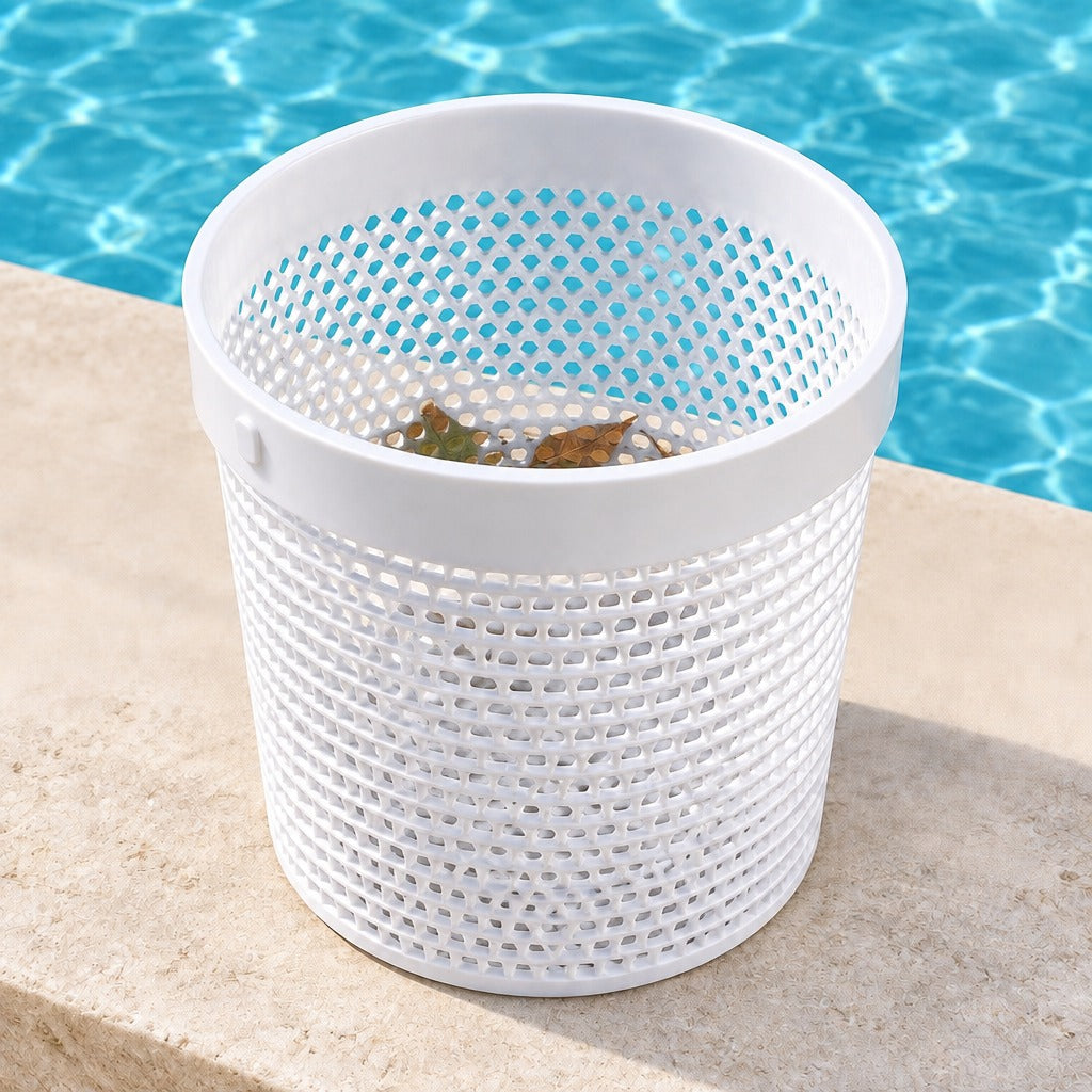 A white plastic mesh trash can with a wide rim sits on a beige stone poolside surface with blue swimming pool water in the background.