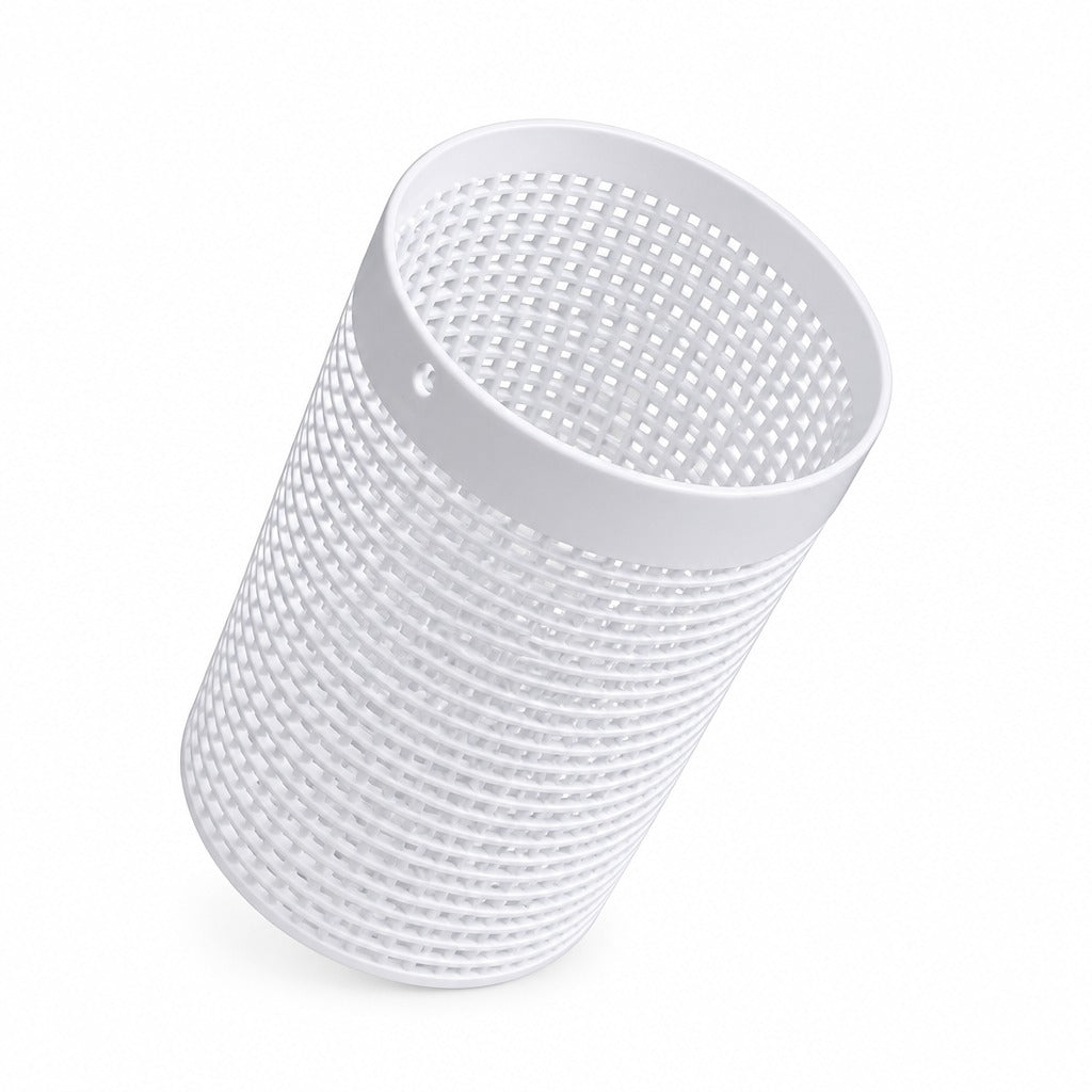 A white cylindrical mesh filter or air filter element with a perforated pattern, shown at an angle on a clean white background.