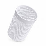 A white cylindrical mesh filter or air filter element with a perforated pattern, shown at an angle on a clean white background.