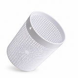 A white cylindrical mesh filter basket with a perforated pattern, shown at an angle on a clean white background.
