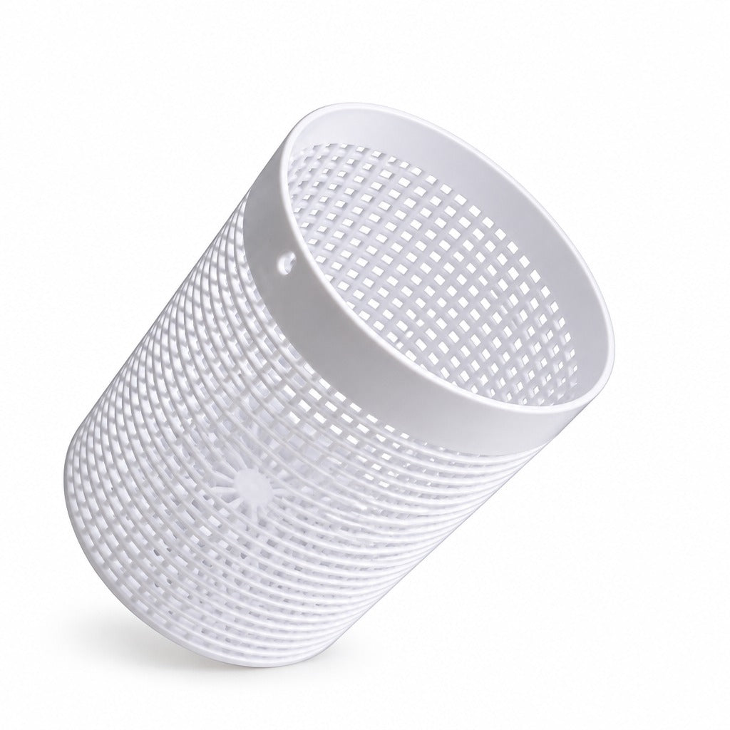 A white cylindrical mesh filter basket with a perforated pattern, shown at an angle on a clean white background.