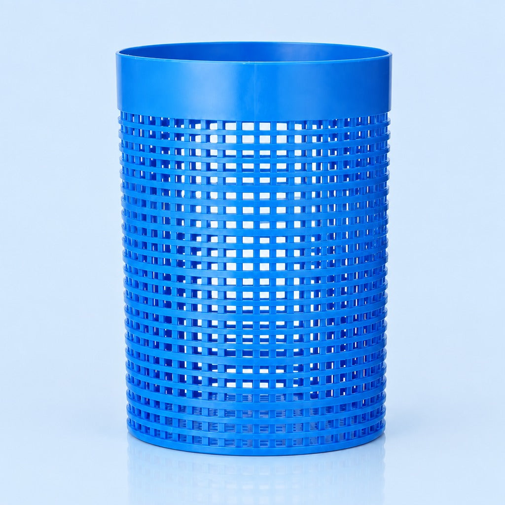 A bright blue plastic cylindrical trash can with a perforated grid pattern, shown on a light blue reflective studio background.