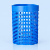 A bright blue plastic cylindrical trash can with a perforated grid pattern, shown on a light blue reflective studio background.