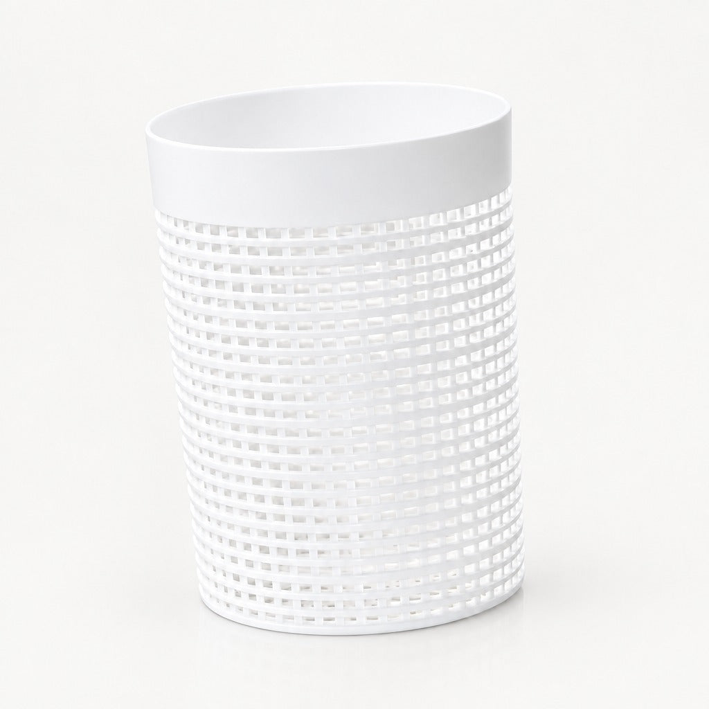 A white cylindrical plastic container with a perforated grid pattern and a solid white rim, shown on a clean white background.