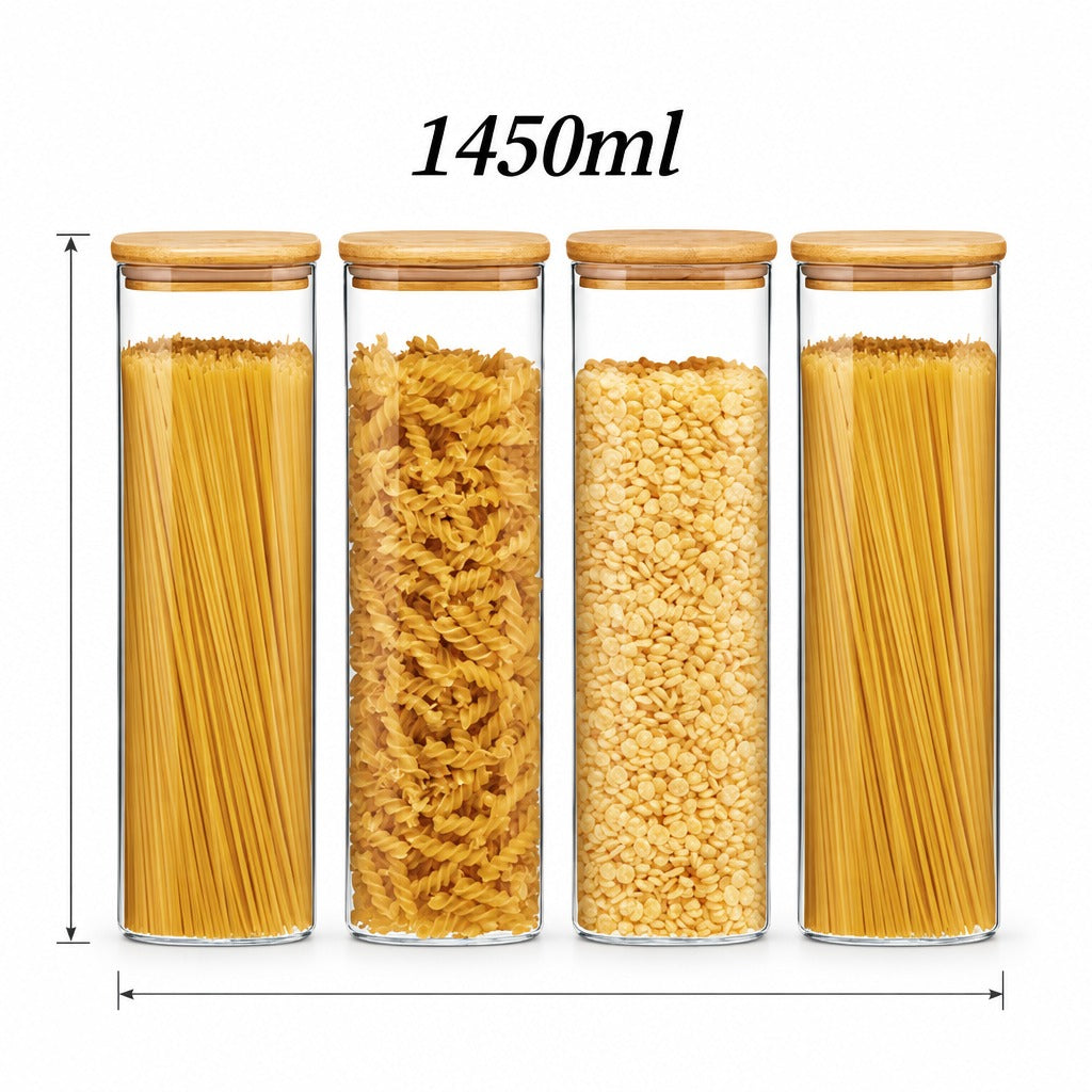 Four clear glass canisters with bamboo lids, filled with pasta and grains, shown on a white background with dimension lines and the text '1450ml' above.