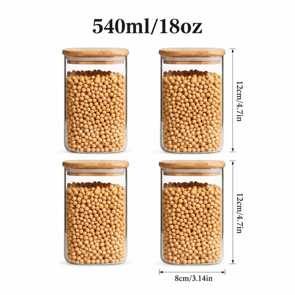 Four clear glass canisters with light wood lids, filled with beige beans, shown on a white background with printed dimensions: 540ml/18oz capacity, 12cm/4.7in height, and 8cm/3.