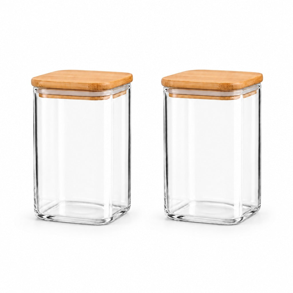 Two clear glass canisters with square bamboo lids, shown side by side on a white background.