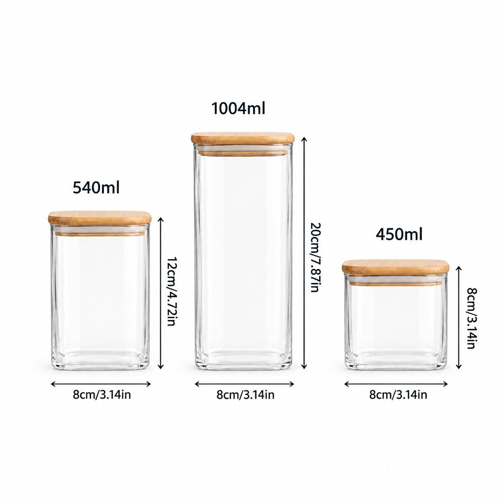 Three clear glass storage jars with light wood lids shown on a white background, labeled with capacities 540ml, 1004ml, and 450ml, with height and width measurements indicated.