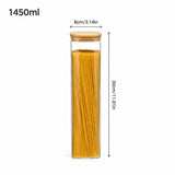 A tall clear glass canister with a light wood lid, filled with spaghetti, shown on a white background with dimension labels indicating 1450ml volume, 8cm/3.14in diameter, and 30cm/11.