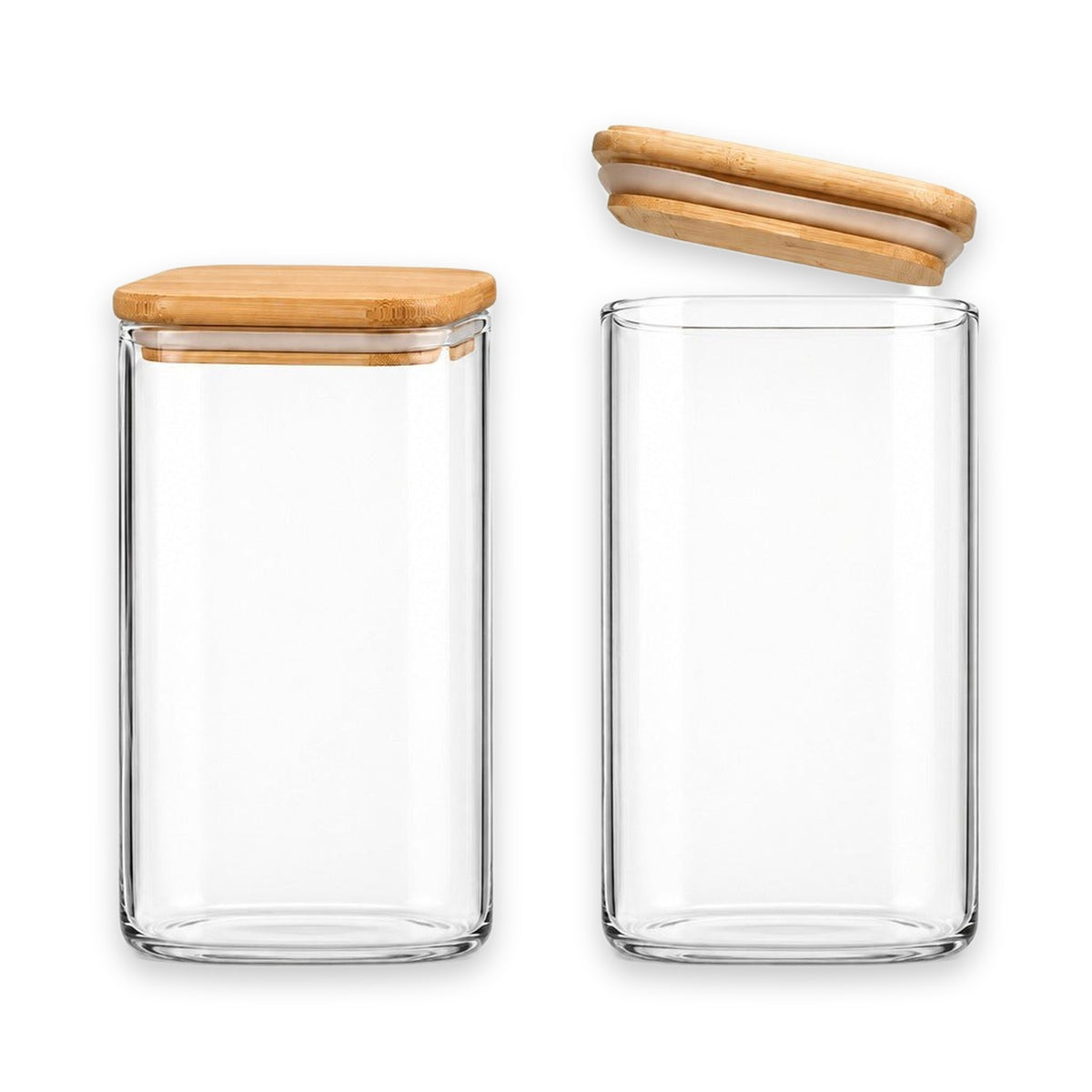 Two clear glass canisters with bamboo lids on a white background, one closed and one open to show the interior.