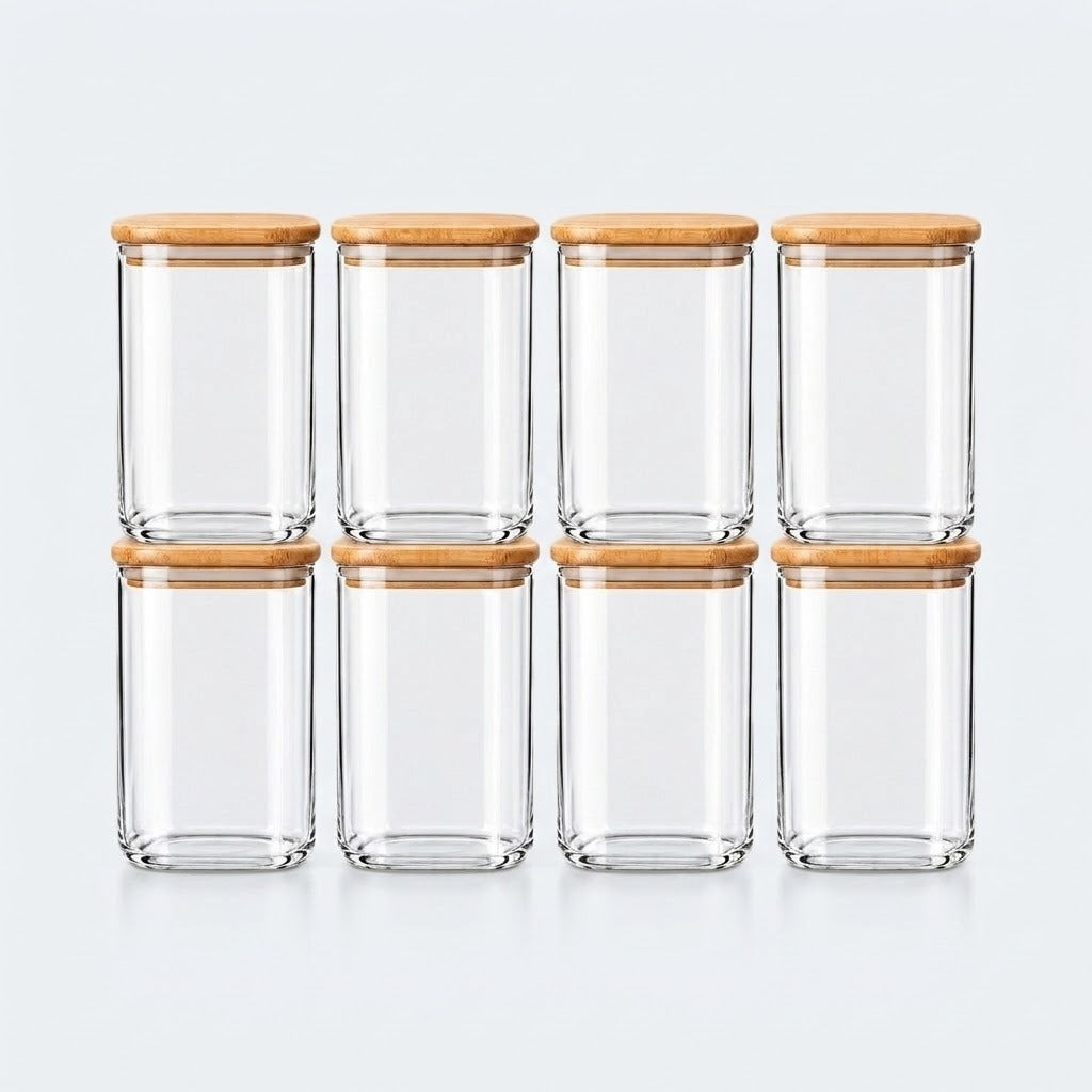 Six clear glass canisters with light brown bamboo lids, arranged in two rows of three against a light gray background.