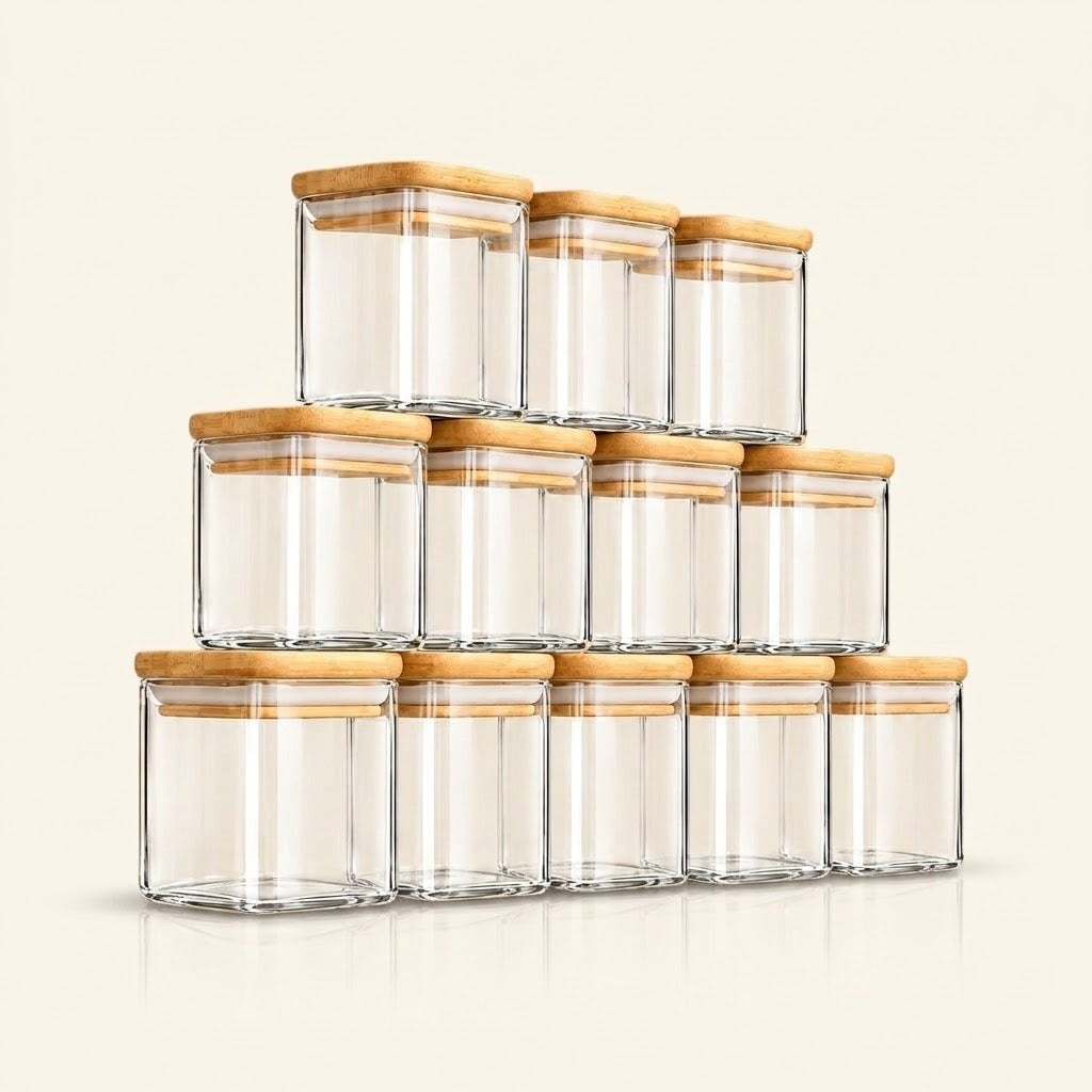 A set of twelve clear glass canisters with light natural wood lids, stacked in a pyramid arrangement on a light beige background.