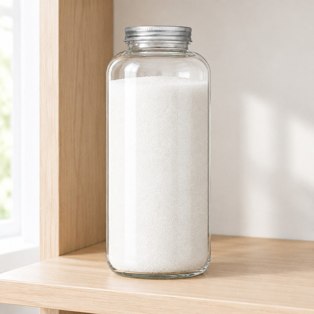 A tall clear glass jar filled with white sugar, sealed with a silver metal lid, standing on a light wood shelf in a bright indoor setting.