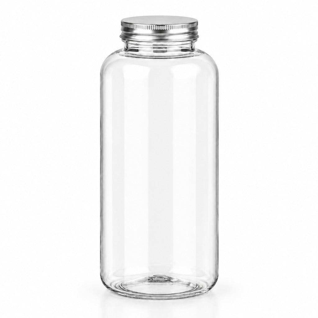A clear cylindrical glass bottle with a ribbed silver metal screw cap, shown on a plain white background.