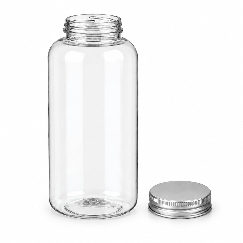 A clear glass bottle with a threaded neck and a separate silver metal screw cap, shown on a plain white background.