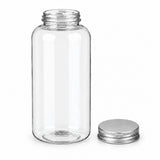 A clear glass bottle with a threaded neck and a separate silver metal screw cap, shown on a plain white background.