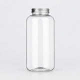 A clear glass jar with a silver metal screw cap, shown against a plain light gray background.