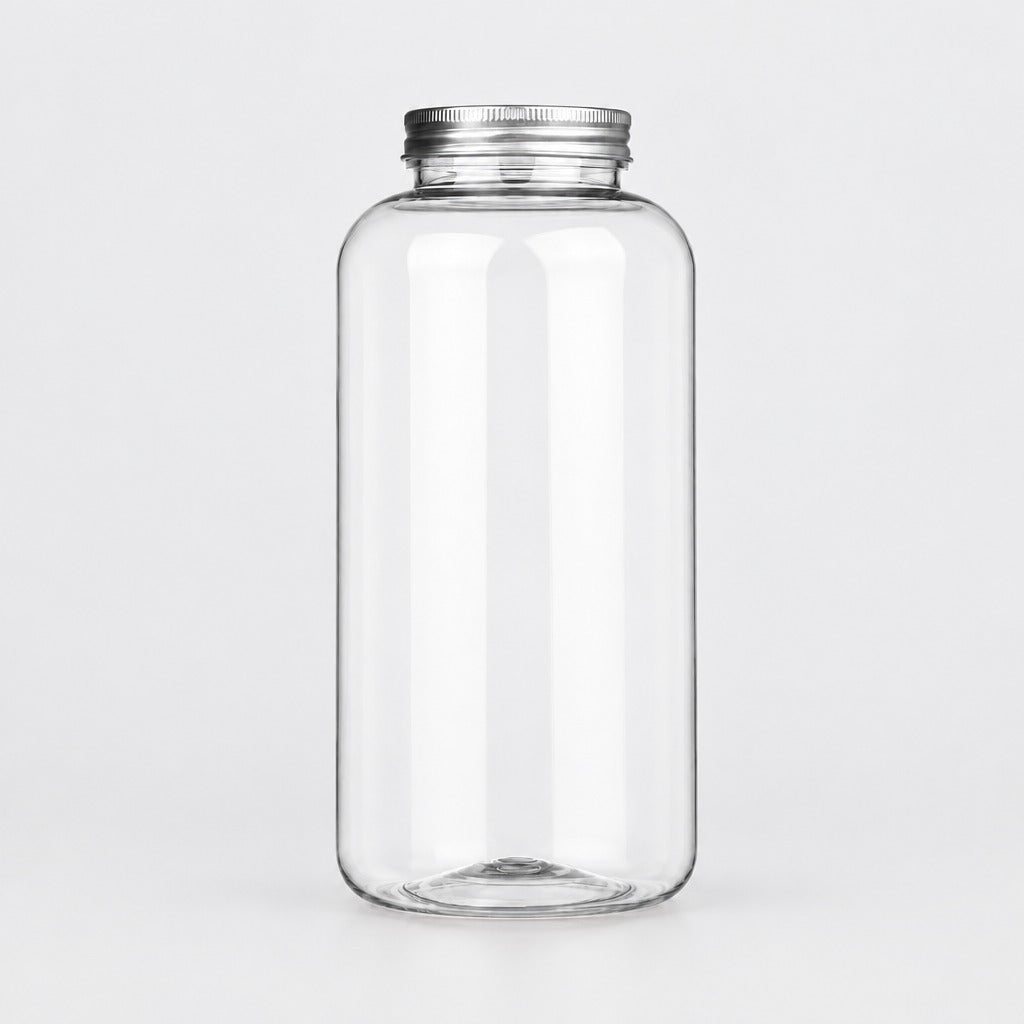 A clear glass jar with a silver metal screw cap, shown against a plain light gray background.