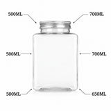 A clear rectangular glass jar with a silver metal screw cap, shown on a white background with black measurement callouts indicating 500ML, 700ML, and 650ML capacities.
