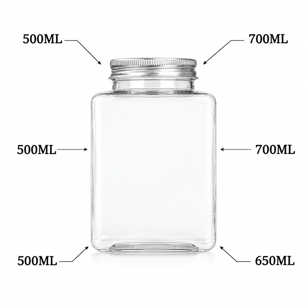 A clear rectangular glass jar with a silver metal screw cap, shown on a white background with black measurement callouts indicating 500ML, 700ML, and 650ML capacities.