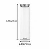 A clear cylindrical bottle with a silver metal screw cap, shown with dimension lines and text indicating a height of 7.08 inches (18 cm) and a base diameter of 2.