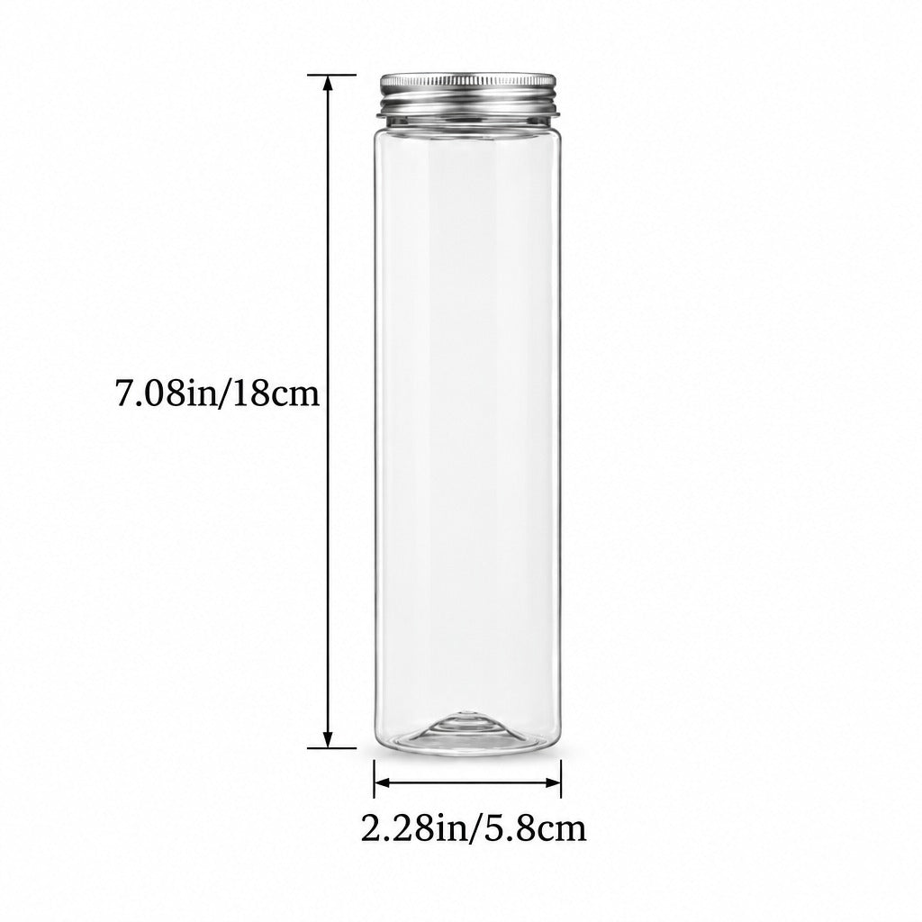 A clear cylindrical bottle with a silver metal screw cap, shown with dimension lines and text indicating a height of 7.08 inches (18 cm) and a base diameter of 2.