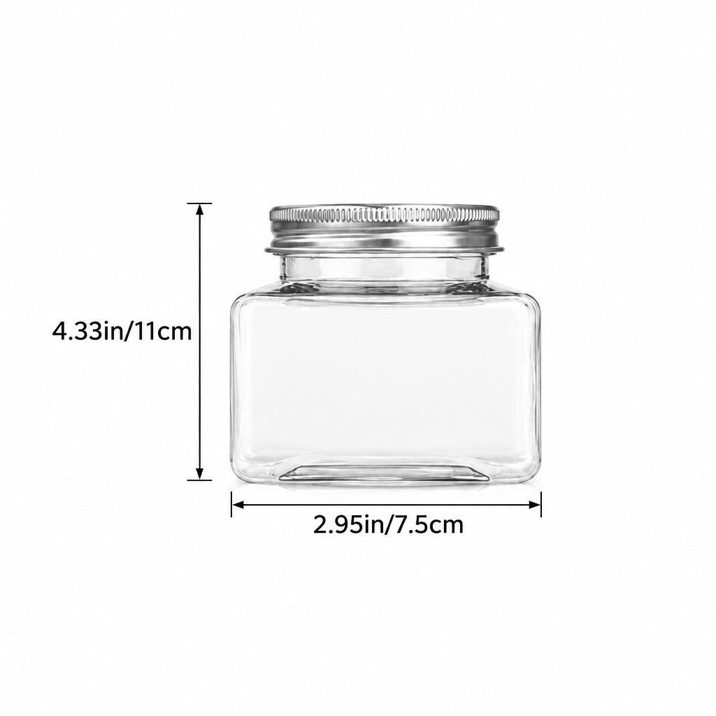 Clear glass jar with a silver metal screw-on lid, shown with dimension labels indicating a height of 4.33 inches (11 cm) and a width of 2.