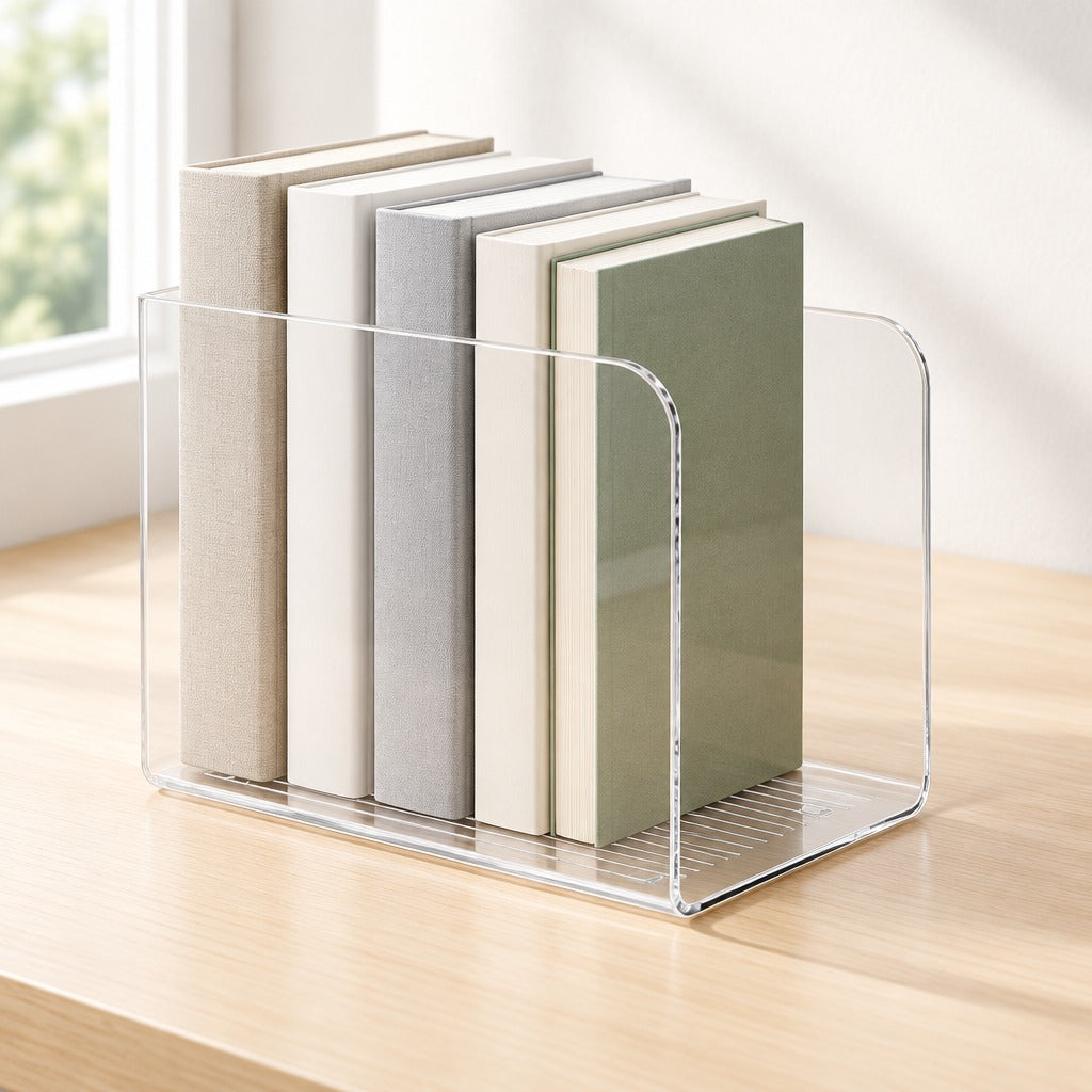 A clear acrylic bookend holding five books with beige, white, gray, and sage green spines, placed on a light wood table near a window.